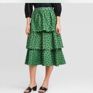 Tiered ruffle Green and black polka dot midi skirt 10